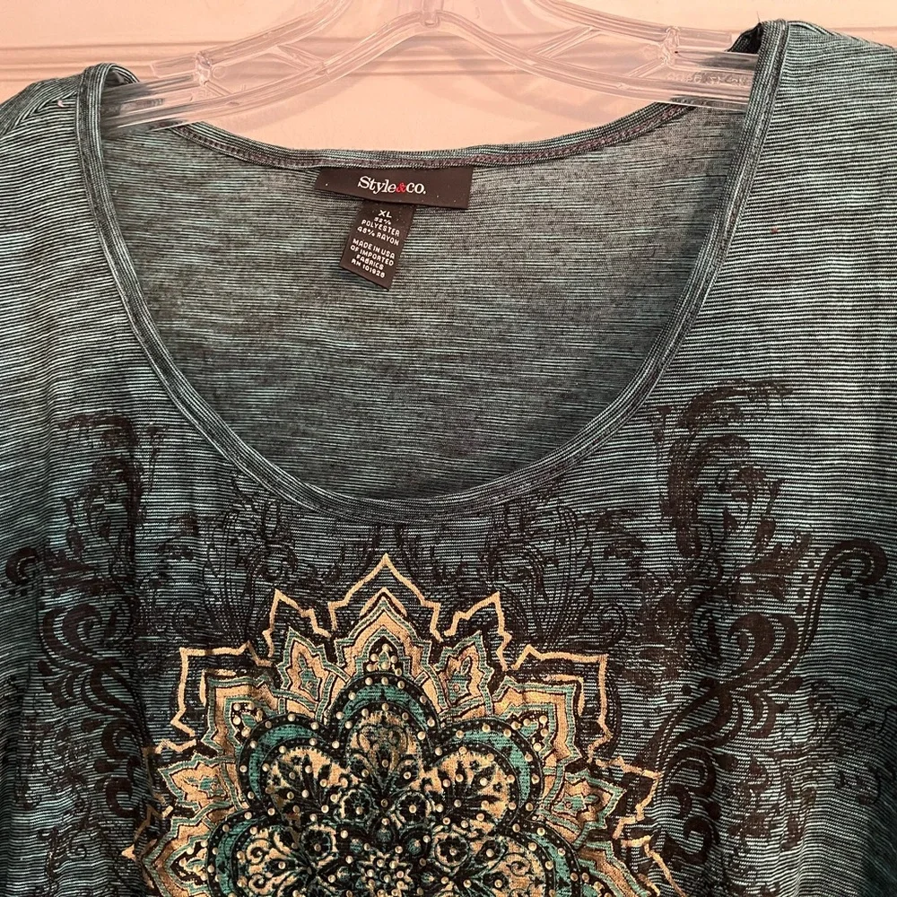 Style & Co. Teal Mandala Short Sleeve Top - Picture 2 of 5